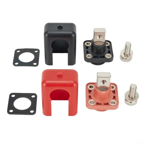 Straight Up Beast Grade 2Pack 200A Copper Battery Terminal Connectors in red and black with mounting hardware and gaskets.