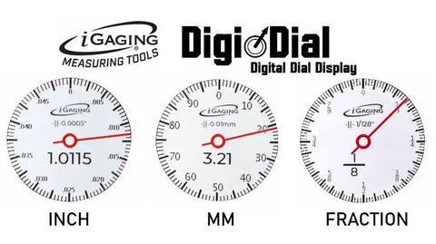 iGAGING 0-12" / 0-300mm Electronic Digital Caliper Full Color LCD Display with Real Time Dial Movement, IP67 Protective Rating (100-670-12) showing Inch, MM, and Fraction measurements.