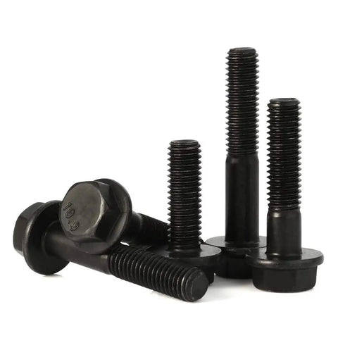 Top Tier M6x30mm Flanged Hex Bolt Set, Class 10.9 Alloy Steel Construction, Black Oxide Anti Rust Finish, 20 Piece Pack showing various angles of bolts.