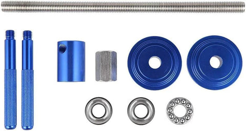 Front view of LYIYEYAN bicycle headset press tool kit with blue anodized aluminum handles and press adapters.