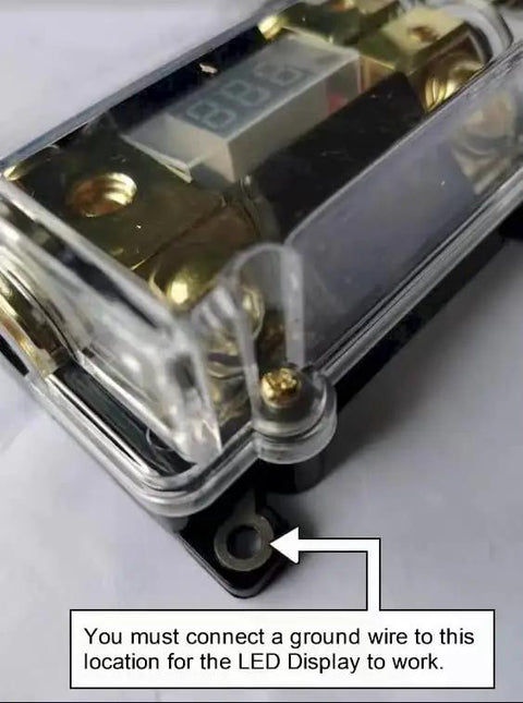 Close-up of Inline ANL Fuse Holder with Digital LED Voltage Display, showing dual fuses and connection point for 0, 2, 4 gauge wire.