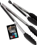 Heavy Duty Stainless Steel Kitchen Tongs Set Of 2 With Heat Resistant Silicone Tips, Non Scratch Gripping Tongs, Lockable, Black