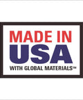 Sign stating 'Made in USA with Global Materials' in bold red and blue text on a white background.