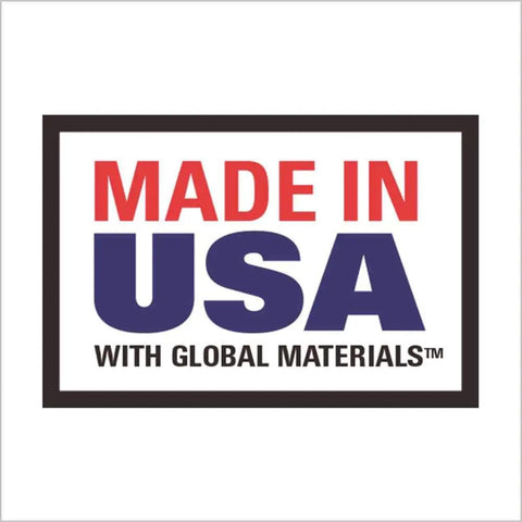 Sign stating 'Made in USA with Global Materials' in bold red and blue text on a white background.