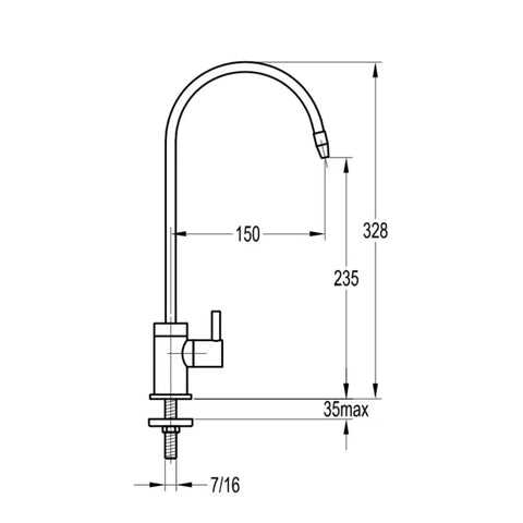 Pure Water Tap with Ceramic Filter for Kitchen Sink - 150Mm X 328Mm Brass Faucet technical drawing with dimensions.
