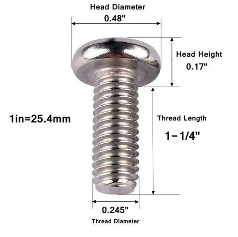 1/4-20 x 1-1/4 Pan Head Phillips Machine Screw In 304 Stainless Steel, Fully Threaded, Corrosion-Resistant dimensions view