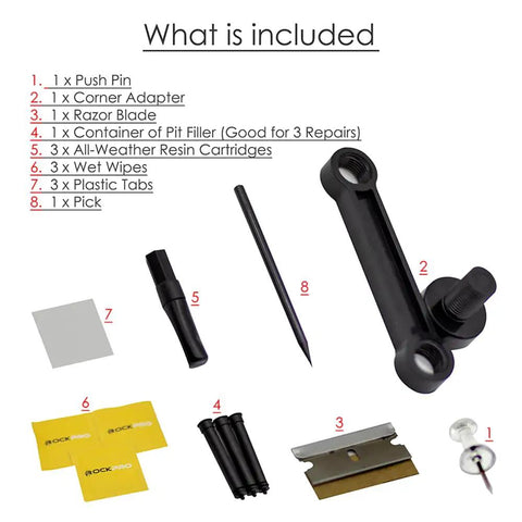 DIY Windshield Repair Kit for Cars and Trucks Fast Easy Fix for Chips Cracks Bullseyes Stars and Combo Breaks with Pro Grade Resin System includes push pin, corner adapter, razor blade, pit filler, resin cartridges, wet wipes, plastic tabs, pick.
