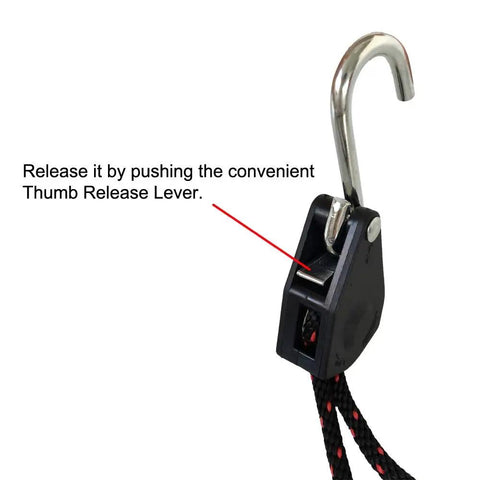 Close-up of adjustable ratchet pulleys with thumb release lever on Heavy Duty Rope Tie Downs 1 Quarter Inch By 10 Feet 2-Pack.