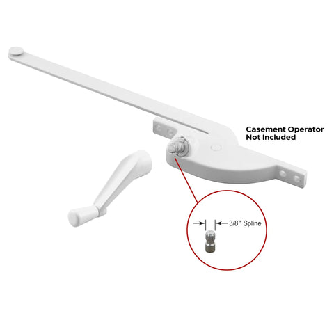 Casement Window Crank Handle Three Eighths Inch Bore Three And One Eighth Inch Reach White Diecast Construction No Fuss Easy Glide 360 Degree Operation Spline Socket Replacement Single Pack showing spline measurement