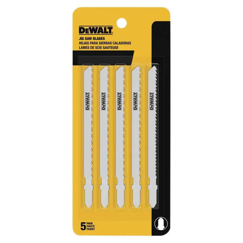 Pro Grade 4 Inch 6 TPI Fast Wood Cut Jig Saw Blade Cobalt Alloy Steel T Shank 5 Pack For Smooth Clean Cuts And Faster Wood Removal Great For DIY Projects Carpentry Remodeling Jobs in yellow packaging.