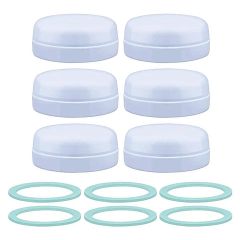 Leak Proof Travel Bottle Cap Set For Avent Bottles Six Pack With Silicone Sealing Ring Fits Avent Natural Polypropylene Glass And Classic Bottles Great For On The Go Moms Dads And Caregivers, showing six bottle caps with silicone rings.