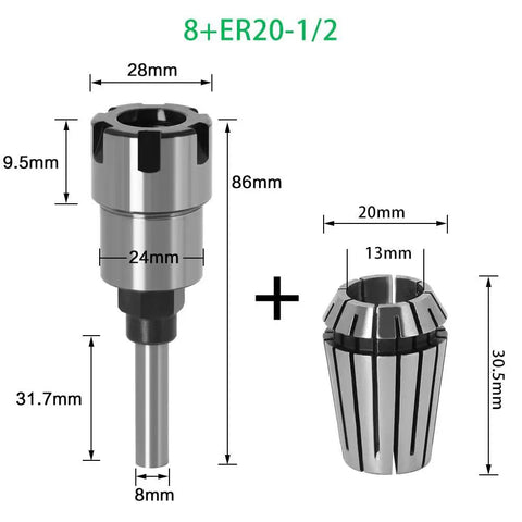 Heavy Duty 8mm 1/4 1/2 Inch Shank ER Router Bit Extension Rod With Collet For Woodworking Engraving Milling Cutter dimensions and details.