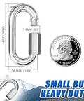 15 Piece M6 One Quarter Inch Quick Link Chain Connectors Made From 304 Stainless Steel Screw Carabiners with dimensions beside a coin
