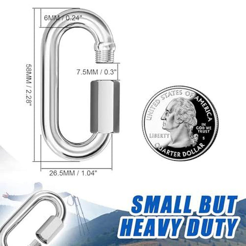 15 Piece M6 One Quarter Inch Quick Link Chain Connectors Made From 304 Stainless Steel Screw Carabiners with dimensions beside a coin