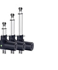 Three Beefy 6000N High Thrust Linear Actuators 12V-48V with U Shaped Brackets, showing adjustable strokes, for lifts and robotics.