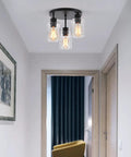 Three Light Industrial Farmhouse Black Matte Ceiling Light Fixture With Clear Glass Shades Semi Flush Mount in hallway