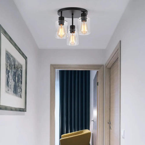 Three Light Industrial Farmhouse Black Matte Ceiling Light Fixture With Clear Glass Shades Semi Flush Mount in hallway
