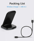 Slick Wireless Charging Stand With Three Charging Modes Seven Point Five Watt And Ten Watt Fast Power, includes USB A-C cable.