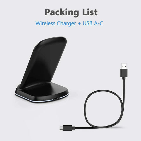 Slick Wireless Charging Stand With Three Charging Modes Seven Point Five Watt And Ten Watt Fast Power, includes USB A-C cable.