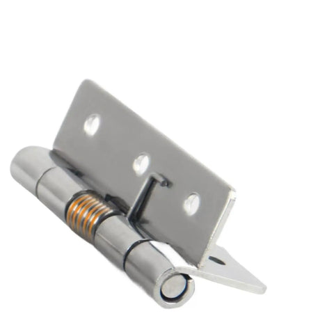 Close-up of Spring Loaded Cabinet Door Hinge With Screws, 304 Stainless Steel, showing its no slam self-closing mechanism.