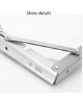 Close-up of Heavy Duty Stainless Steel Shelf Brackets 2 Pack Bright Silver Folding Wall Mounts with hinge detail.