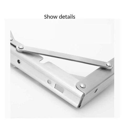Close-up of Heavy Duty Stainless Steel Shelf Brackets 2 Pack Bright Silver Folding Wall Mounts with hinge detail.