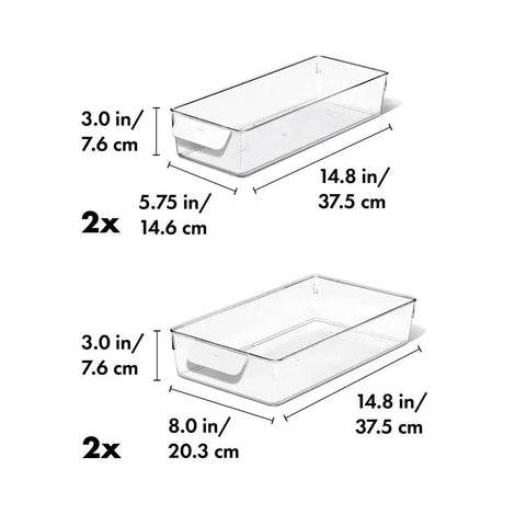 Image showing two sizes of the 4 Piece Fridge Storage Bin Starter Set with Clear Modular Bins for Fresh Groceries, stackable with handles.