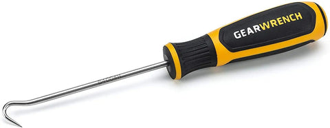 Hook tool from 7 Piece Hook And Pick Tool Set For Auto And Mechanic Work And Engine Bay Access, Rust Resistant Alloy Steel Blades, Ergonomic handle.