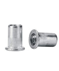 100 Pack 1 4 20 Aluminum Flange Rivet Nuts With UNC Threads Flat Head Threaded Insert Nuts For 0.7mm To 4mm Grip Range, 8.9mm Body Diameter, 12.1mm Head Diameter, 1.4mm Head Height, 15.1mm Total Length, 9mm Installed Length, Silver