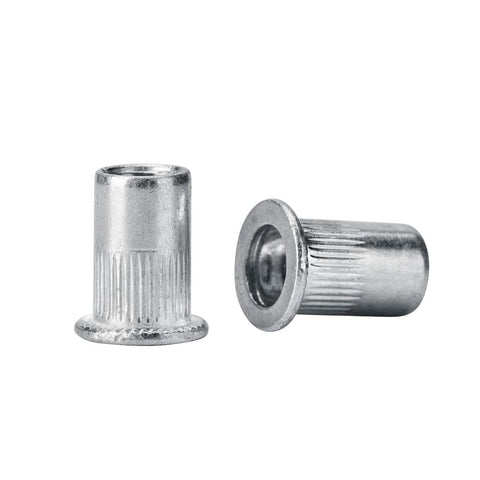 100 Pack 1 4 20 Aluminum Flange Rivet Nuts With UNC Threads Flat Head Threaded Insert Nuts For 0.7mm To 4mm Grip Range, 8.9mm Body Diameter, 12.1mm Head Diameter, 1.4mm Head Height, 15.1mm Total Length, 9mm Installed Length, Silver