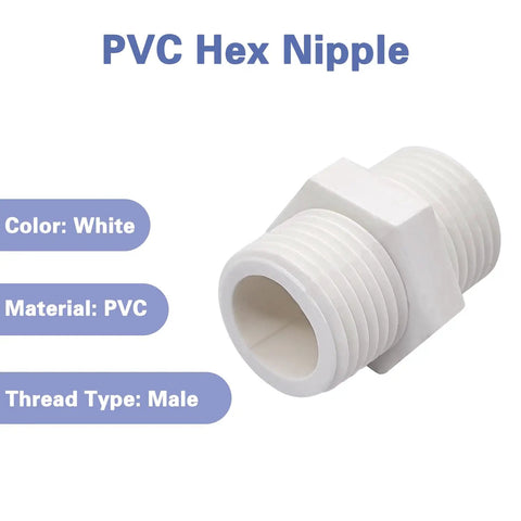 G3/4 Inch PVC Pipe Fitting Hex Nipple Adapter Male To Male 3/4 G Thread Connector made of white PVC in close-up view