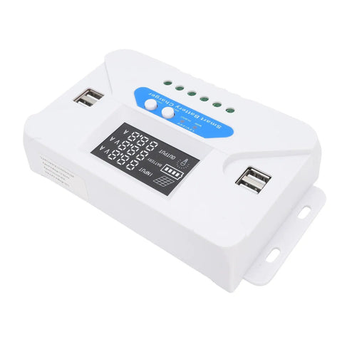 40A Solar Charge Controller With LCD Display And Four USB Ports For LiFePO4 Battery Systems, Weatherproof IP32 Enclosure, Easy Energy Management For Your Solar Setup, Built To Hang Tough Outdoors, white wall-mounted unit with LCD and USB ports