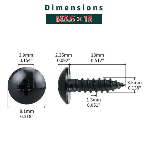 Pro Grade No 6 By One Half Inch Truss Head Wood Screws, 100 Count, 304 Stainless Steel, Black Oxide Coated, Self Tapping Phillips Drive Screws For Wood And Sheet Metal, Includes Phillips Driver Bit, shown with dimensions.
