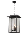 Outdoor Pendant Light Exterior Hanging Lantern in Matte Black with Clear Seeded Glass, weatherproof aluminum construction, large porch light.