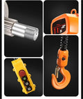 Close-up of Heavy Duty 1500W Electric Chain Hoist And Overhead Crane parts including hook, remote, and motor detail.