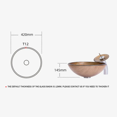 USZWBY Bathroom Vessel Sink Vanity Tempered Glass Vessel Bowl Sink Round Brown Countertop Sink Bowl Above Counter Sink diagram with dimensions.