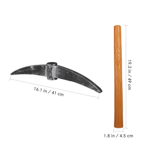 Foam Pickaxe Prop For Kids Costume And Stage Performance Approximately Nineteen Inch Lightweight Miner Tool Toy Great For Halloween Parties Dress Up Skits And Role Play Realistic Look Without Sharp Edges displayed in pieces with measurements.