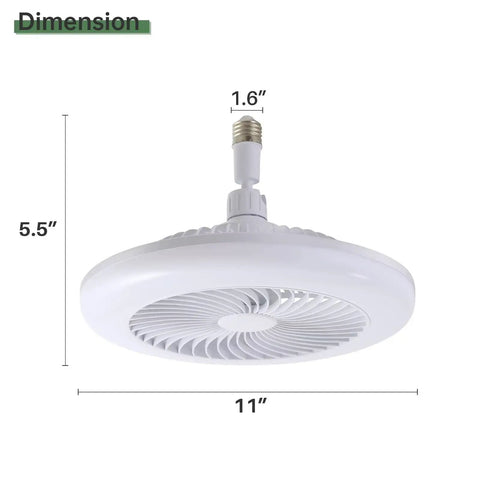 11" E26 Socket Ceiling Fan with Light, Dimmable 3 Color LED Fan Light, showcasing dimensions of 1.6", 5.5", and 11".
