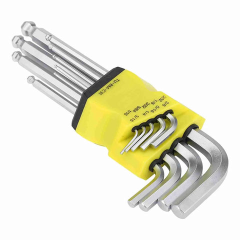 Super Durable 9Pcs Ball End Hex Key Wrench Set Made From Chrome Vanadium Steel Perfect For Mechanics And Pros Who Need A Killer L Shape Tool Kit That Will Last A Lifetime In The Garage., yellow holder with metric ball end hex keys