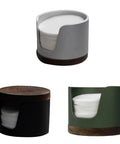 Slick Swivel Coffee Filter Paper Holder And Brewing Tool Caddy with grey, black, and green designs storing round filters.