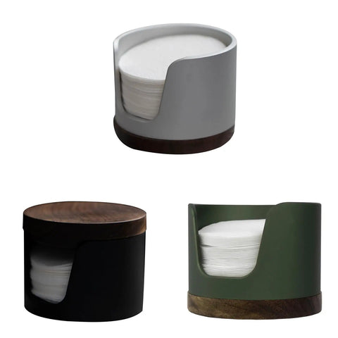 Slick Swivel Coffee Filter Paper Holder And Brewing Tool Caddy with grey, black, and green designs storing round filters.