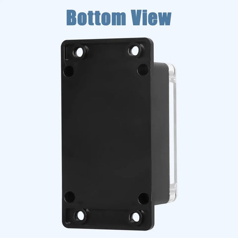Bottom view of IP65 Waterproof ABS Junction Box With Clear Cover Enclosure For Indoor And Outdoor Use Rugged Black Project Box With External Mounting Ears Tough As Nails Weather Ready 3.9 By 2.6 By 1.9 Inches
