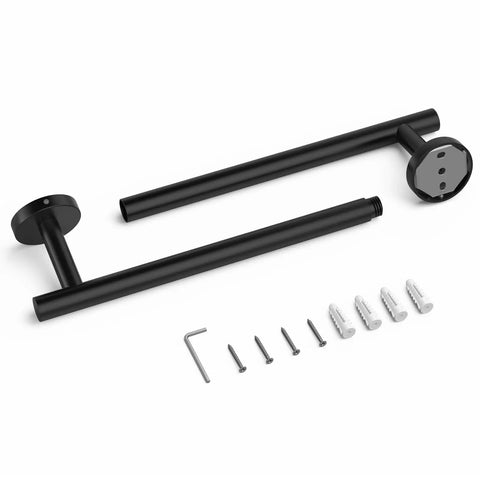 Matte Black 4 Piece Bathroom Hardware Set With Wall Mount Towel Bar in SUS304 Stainless Steel and installation parts laid out