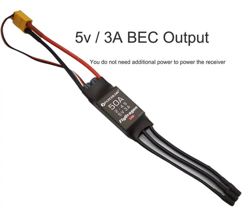 50A ESC with 5V/3A BEC output for 64mm RC Jet Ducted Fan With 3500KV Brushless Motor 4S Ready 11 Blades, featuring soldered banana plugs.