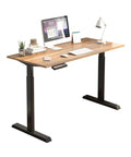 Rockin Adjustable Standing Computer Desk For Modern Home Office Or Study With Smart Height Control T-Shaped Frame Ergonomic Desktop Laptop Table 1 Point 4 Meters with wood surface and black frame.
