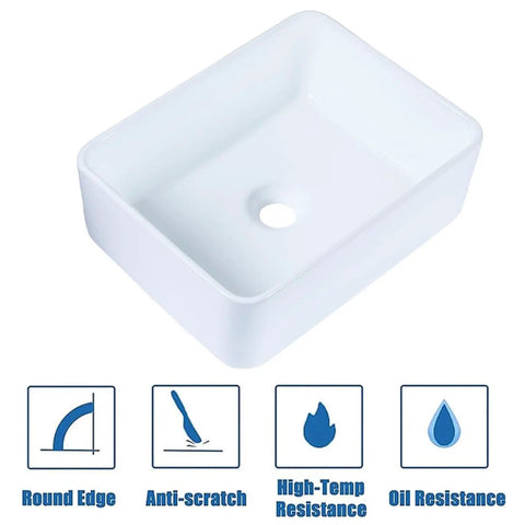 Vessel Sink 22 x 15 Inch White Ceramic Above-Counter Bathroom Sink, Rectangular Vessel Wash Basin, anti-scratch, high-temp resistant