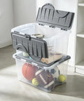 Top Shelf 2 Pack Of 48 Quart Stackable Storage Bins With Clear Plastic Flip Hinge Lids And Gray Finish For Plenty Of Room To Keep Your Setup Tight And Your Life On Track, filled with sports equipment.