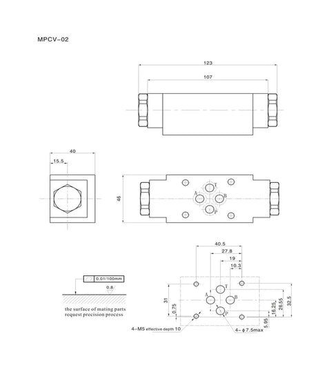 Front and side CAD views of MPCV-02 hydraulic control check valve with mounting dimensions