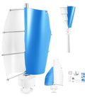 100W 12V Permanent Magnet Vertical Wind Turbine Kit with white and blue helical blades and included installation accessories.