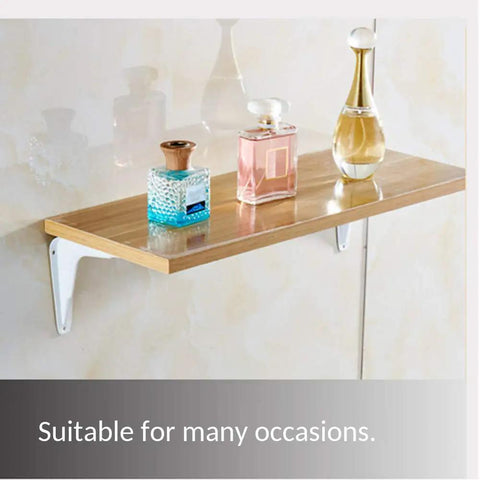 Rock Solid White Wall Mount Shelf Brackets Heavy Duty L Angle Furniture Supports Rust Resistant Waterproof Metal Hardware 2 Pack Indoor Outdoor Home Upgrade Essentials with perfume bottles on shelf.